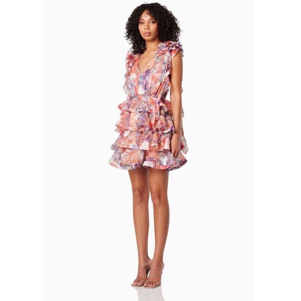elliatt electro red multi print floral embroidered tiered ruffle mini dress NEW - Picture 8 of 9